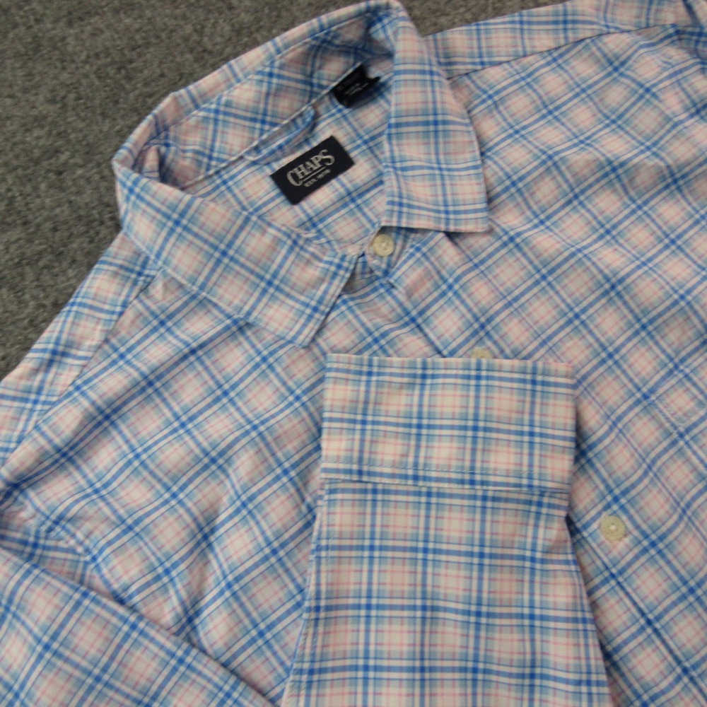 Chaps Shirt Mens XL Blue Plaid Every Day Performance Stretch Button Up Polyester